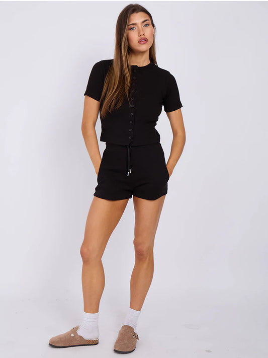 Black Ribbed Button Up T-Shirt & Short Co-Ord
