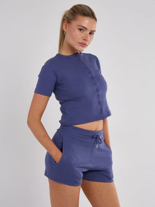 Blue Ribbed Button Up T-Shirt & Short Co-Ord