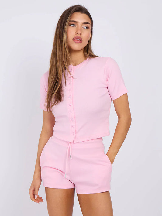 Pink Ribbed Button Up T-Shirt & Short Co-Ord