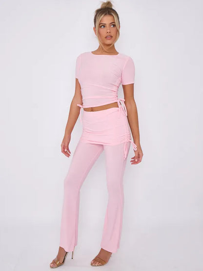 Baby Pink Ruched Crop Top & Fold Over Flared Trouser Co-ord