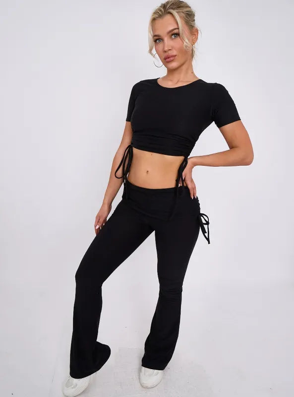 Black Ruched Crop Top & Fold Over Flared Trouser Co-ord