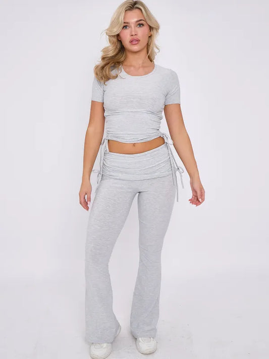 Grey Ruched Crop Top & Fold Over Flared Trouser Co-ord