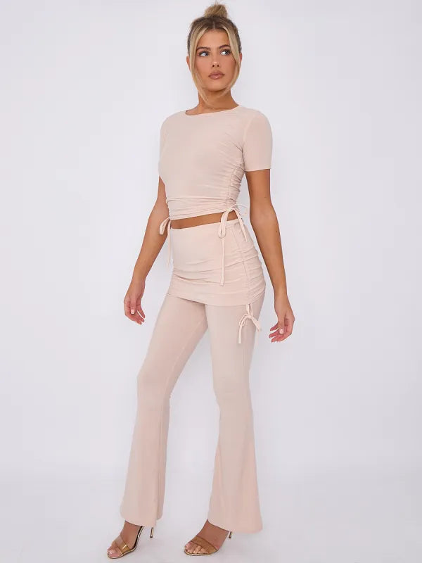 Stone Ruched Crop Top & Fold Over Flared Trouser Co-ord