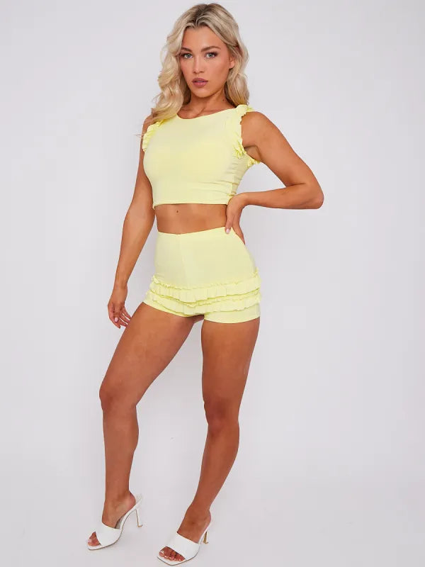 Baby Pink Ruffle Trim Detail Crop Top & Shorts Co-ord