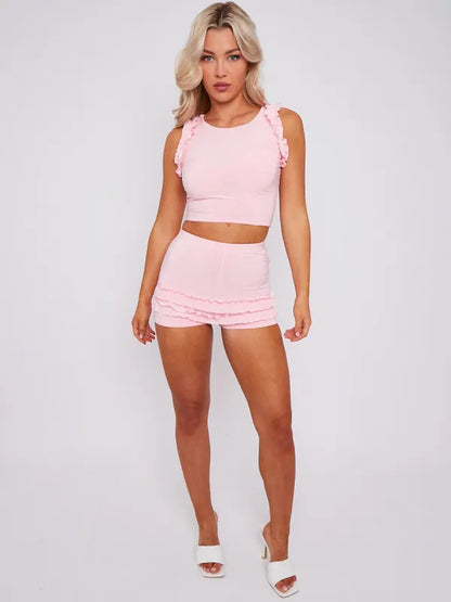 Black Ruffle Trim Detail Crop Top & Shorts Co-ord