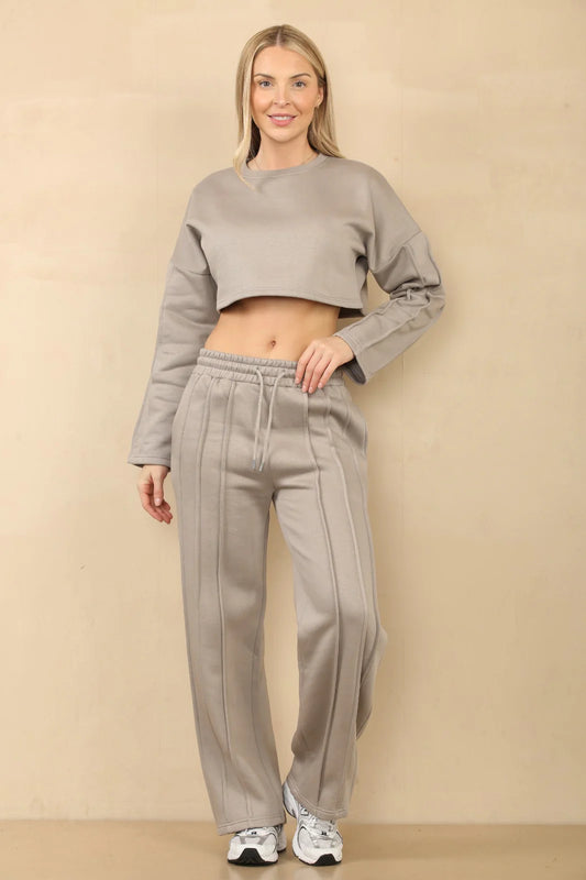 Beige Seam Detail Oversized Crop Top & Joggers Fleece Co-Ord