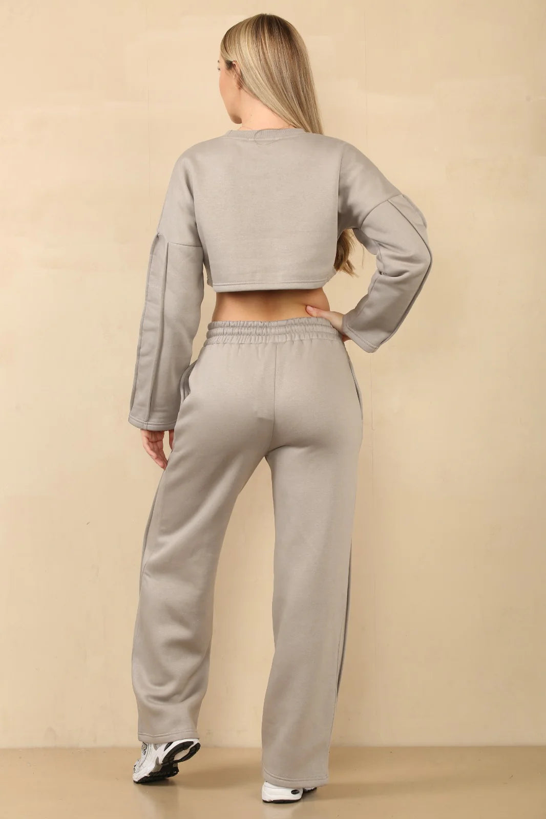 Beige Seam Detail Oversized Crop Top & Joggers Fleece Co-Ord