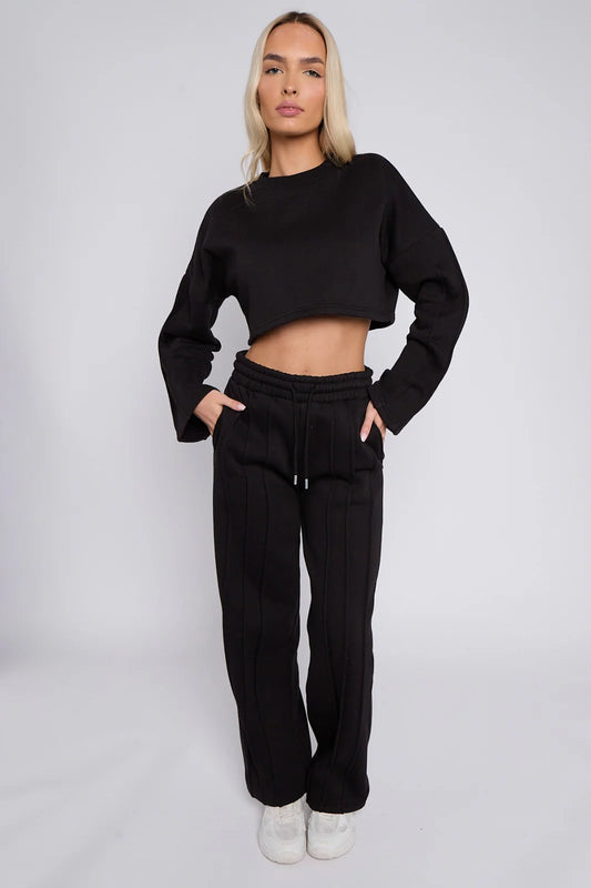 Black Seam Detail Oversized Crop Top & Joggers Fleece Co-Ord