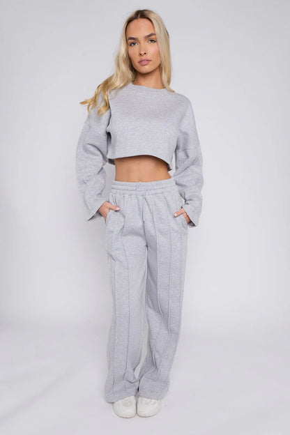 Beige Seam Detail Oversized Crop Top & Joggers Fleece Co-Ord