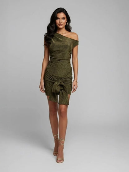 Khaki Sequin Asymmetrical Off Shoulder Mini Dress