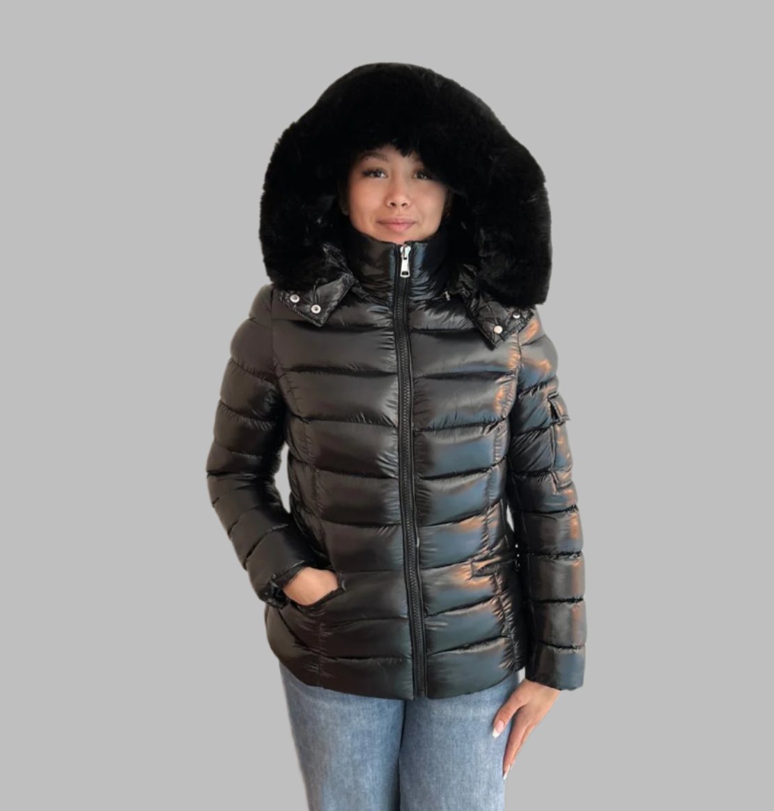 Wet Look Puffer Jacket With Fur Hood