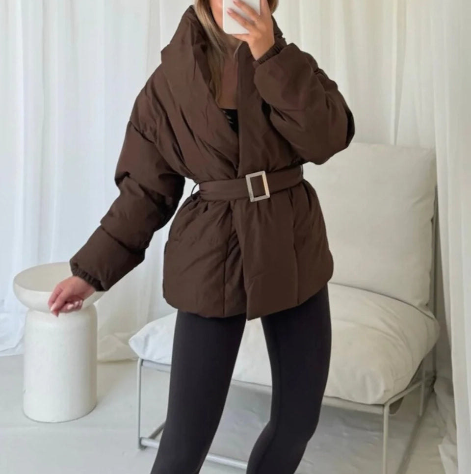 Stone Mid Length Belted Magnet Button Puffer Jacket