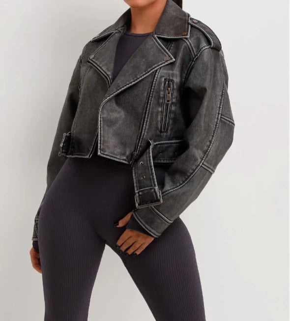 Grey Faux Leather Biker Jacket