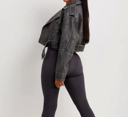 Grey Faux Leather Biker Jacket