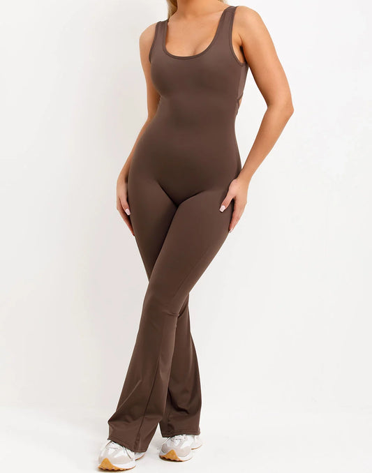 Brown Slinky Flare Leg Jumpsuit