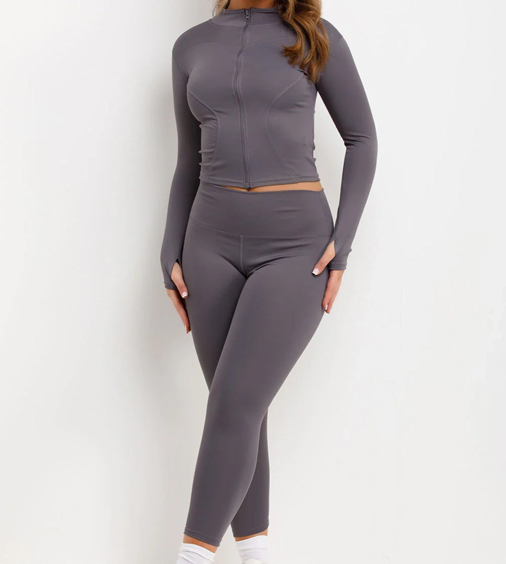 Black Fitted Zip Up Gym Jacket And Seamless Leggings Co Ord