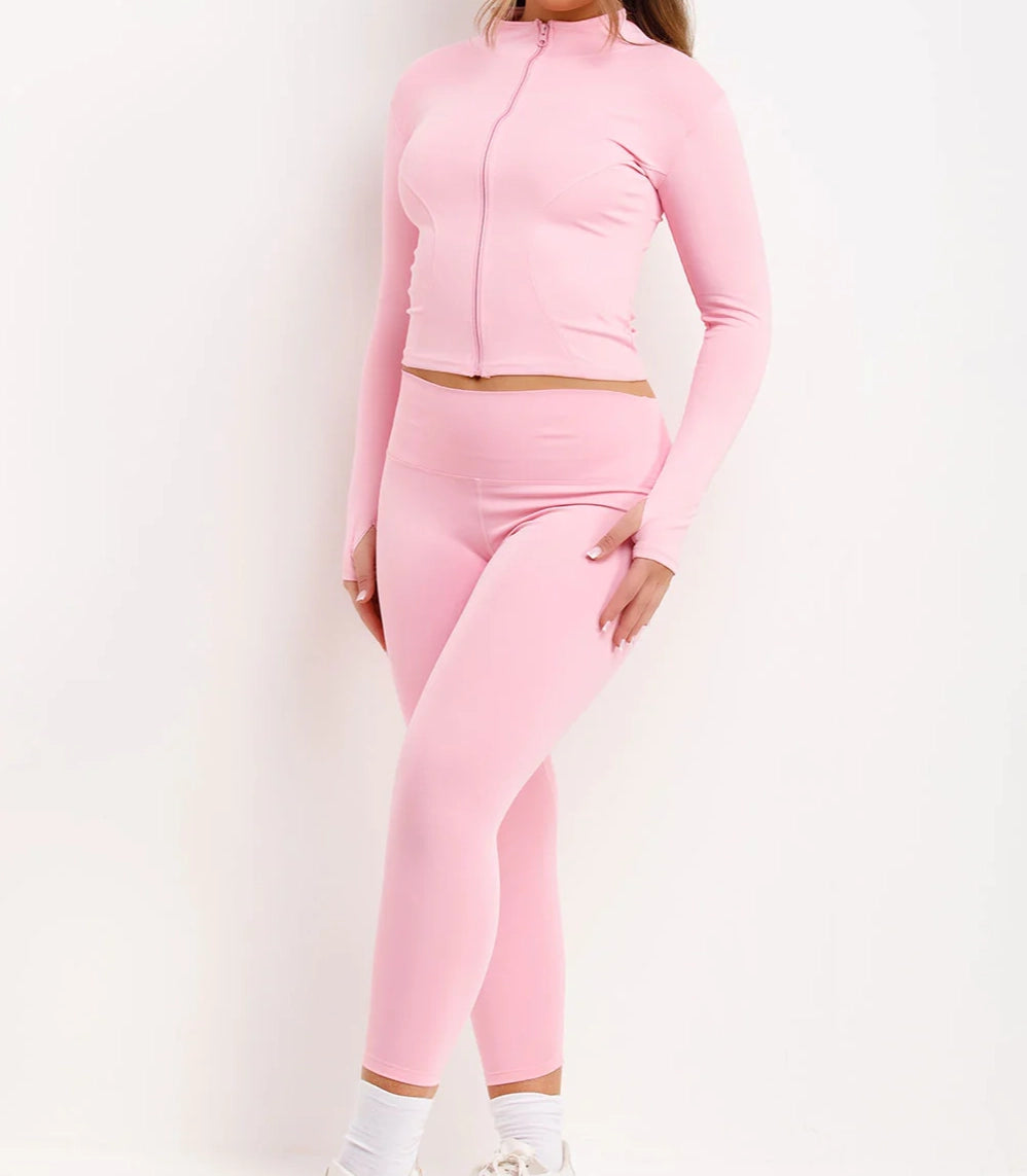 Pink Fitted Zip Up Gym Jacket And Seamless Leggings Co Ord