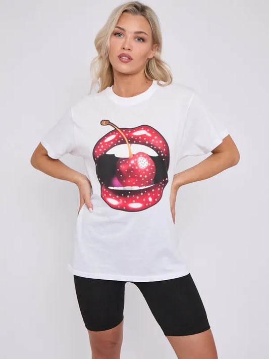 White Cherry Lip Graphic Printed T-Shirt