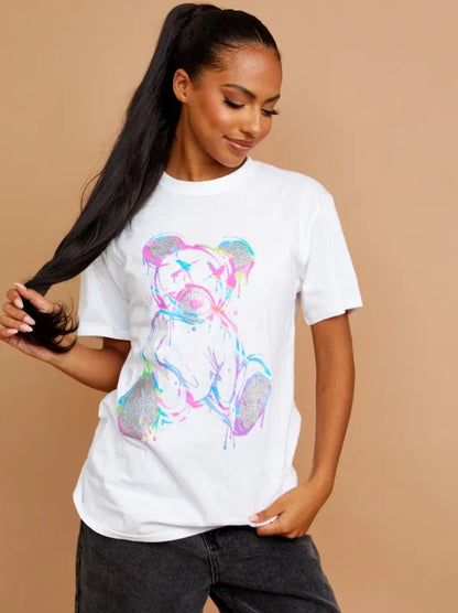White Colour Drip Teddy Graphic Printed T-Shirt