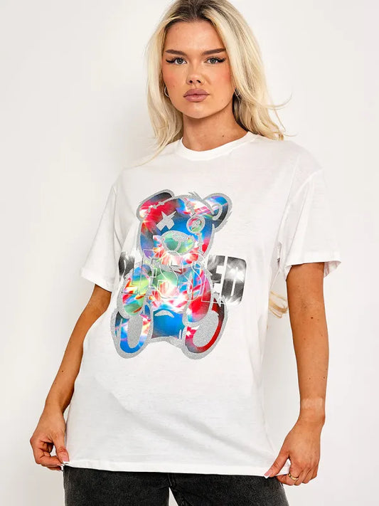 White Blessed Teddy Graphic Printed T-Shirt