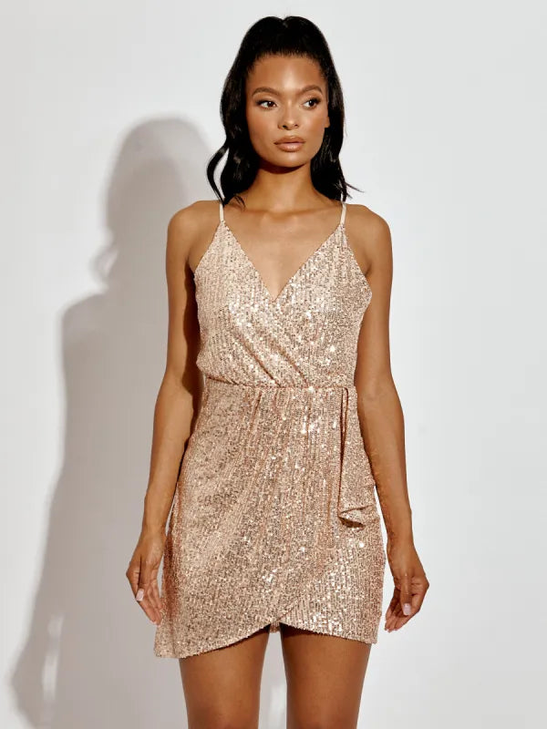 Beige Wrap Front Sequinned Cami Dress