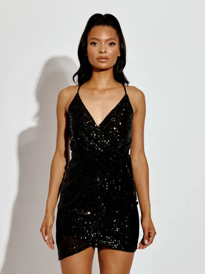 Black Wrap Front Sequinned Cami Dress