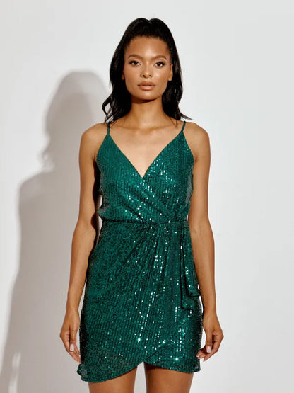 Green Wrap Front Sequinned Cami Dress